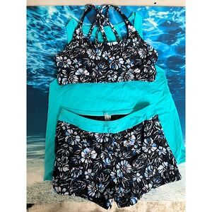 ☀️Tempt Me 3 Piece Tankini Set Floral Bra Boy Shorts Turquoise Tank Top Large